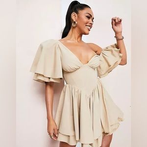 ASOS LUXE one shoulder cotton dress with corset detail and ruffles in stone